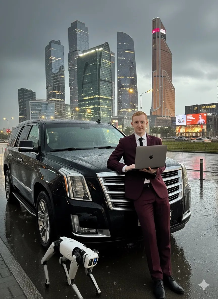 Личное фото с автомобилем и робособакой на фоне Москва-Сити, отредактированное в Google Gemini